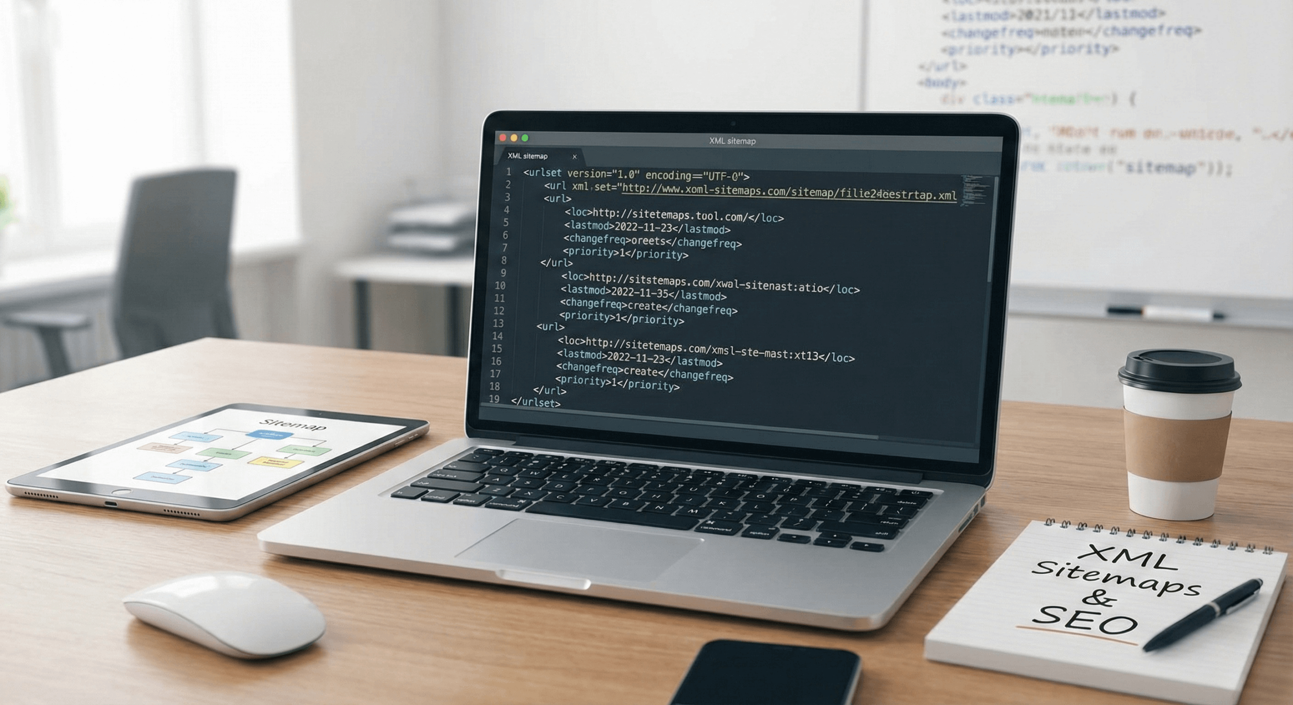 Wat is een Sitemap? Essentiële Tips voor Betere SEO in 2026 1 laptop met sitemap code op bureau